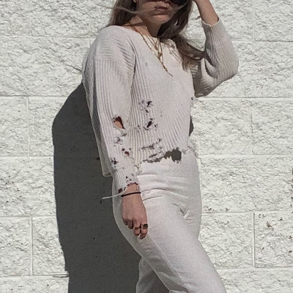 Vintage DIY distressed cream sweater
